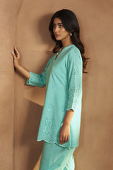 Aqua Blue Schiffli Embroidered Cotton Kurta Set with Straight Pants