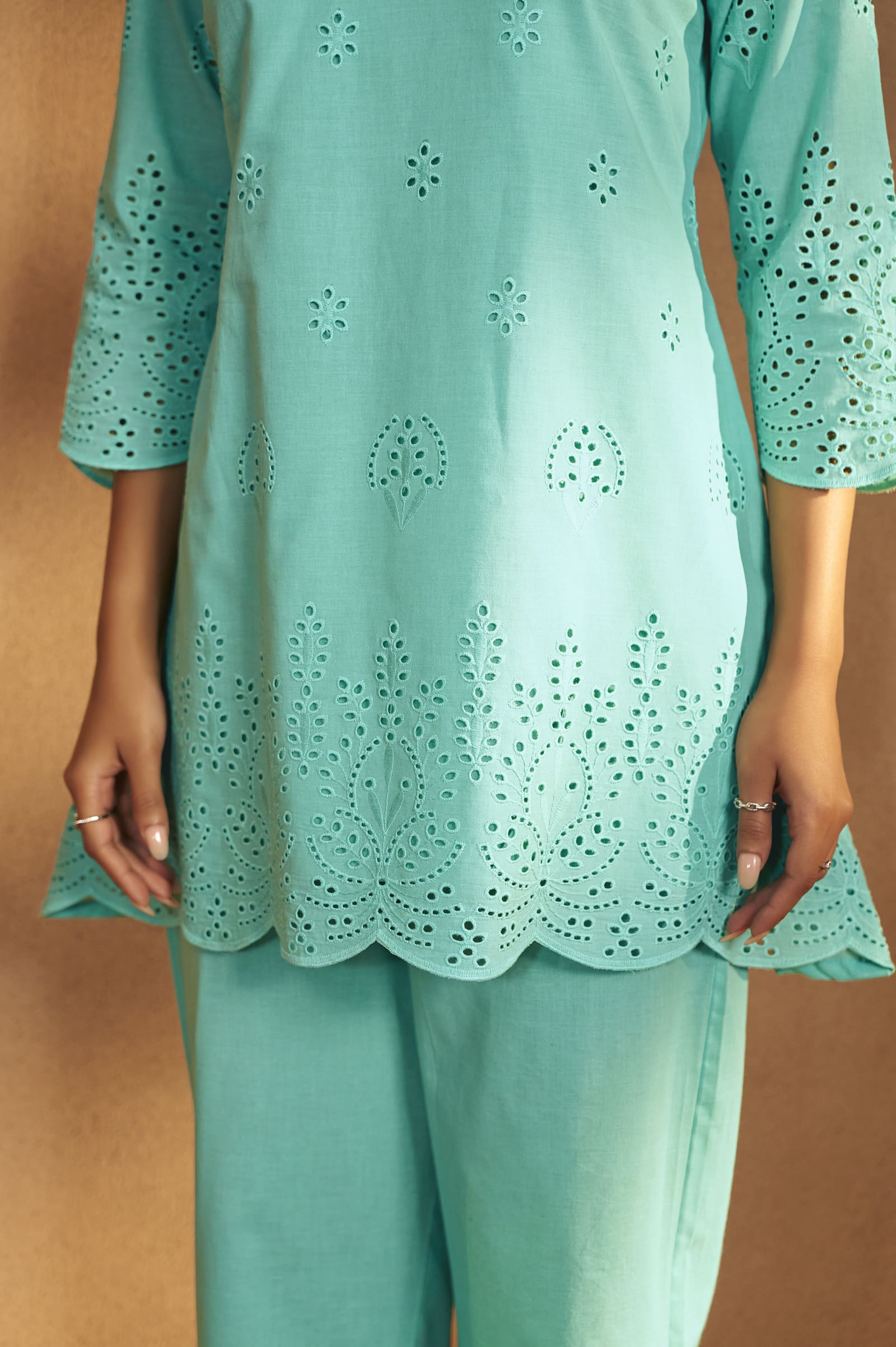 Aqua Blue Schiffli Embroidered Cotton Kurta Set with Straight Pants