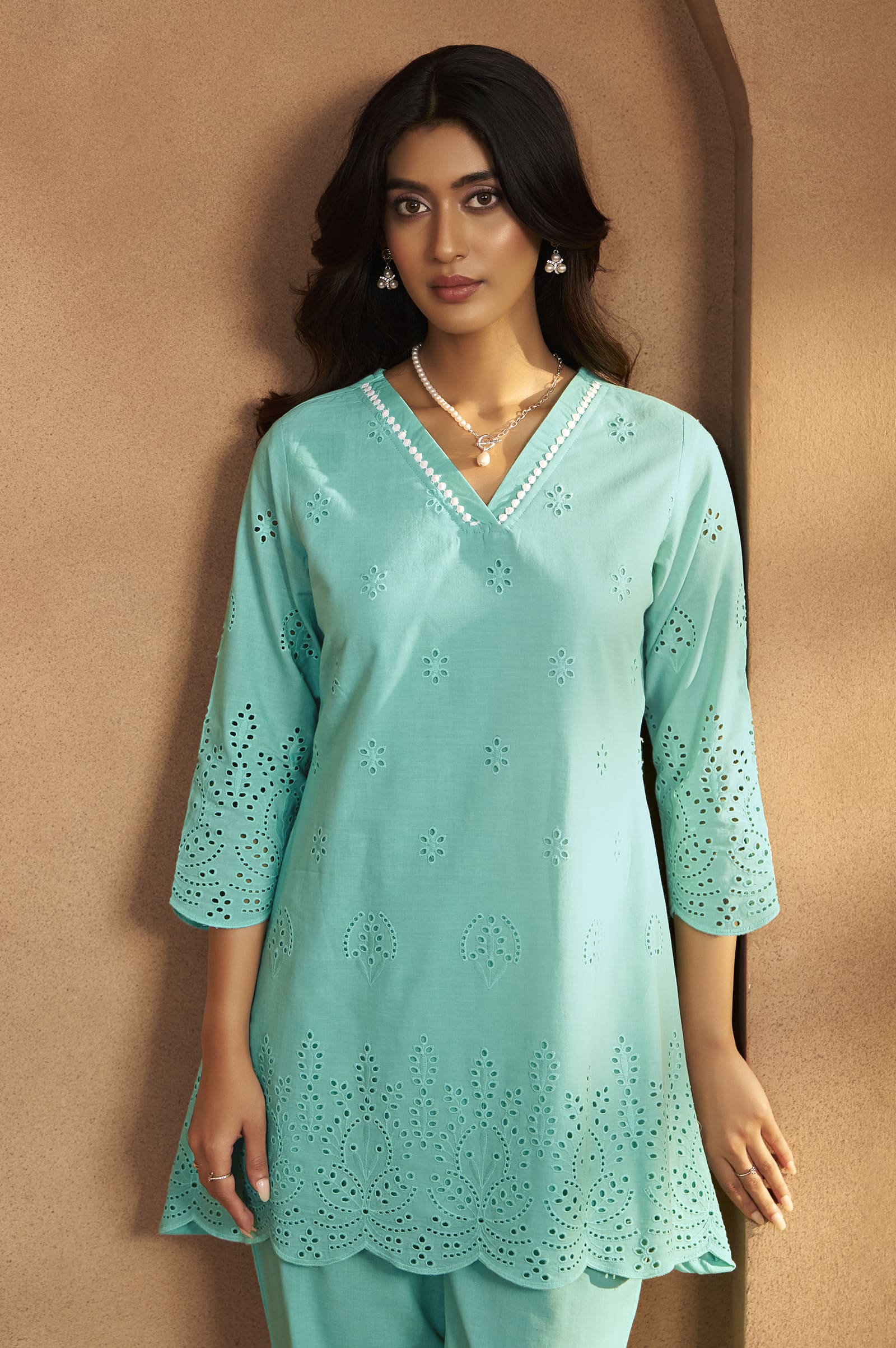 Aqua Blue Schiffli Embroidered Cotton Kurta Set with Straight Pants