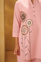 Women Pink Pure Cotton Embroidered Straight Kurta Co-Ord Set