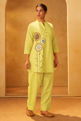 Women Lemon Yellow Pure Cotton Embroidered Straight Kurta Co-Ord Set