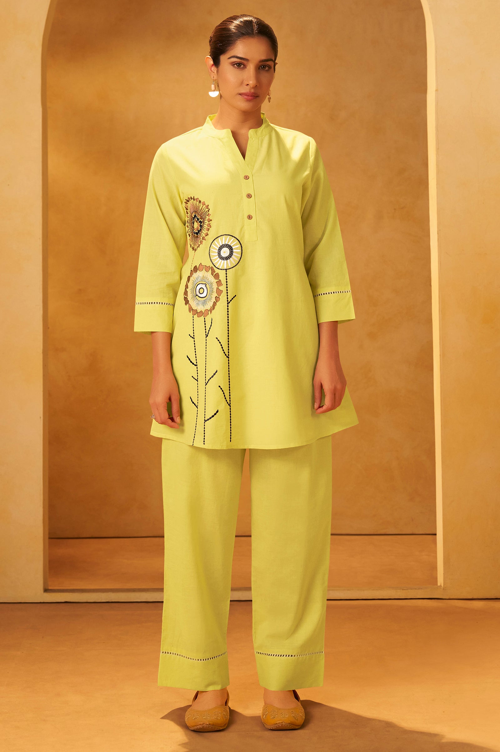 Women Lemon Yellow Pure Cotton Embroidered Straight Kurta Co-Ord Set