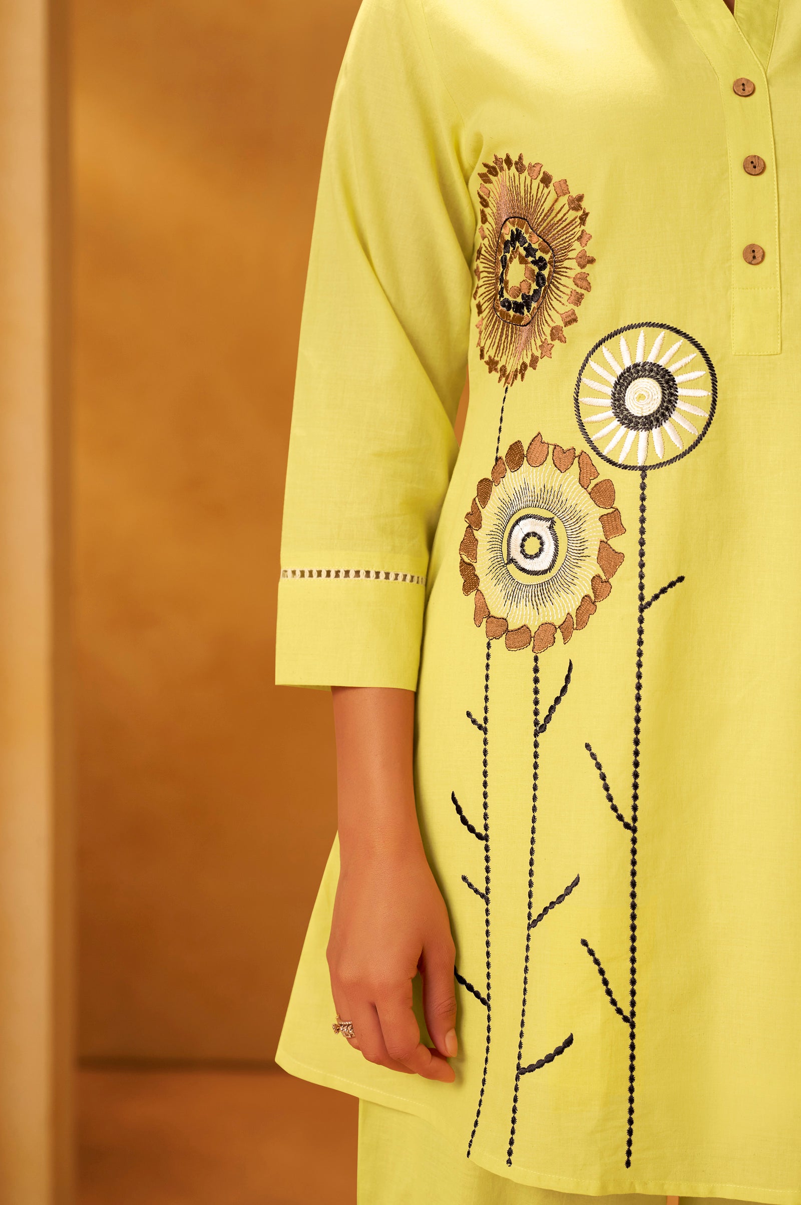 Women Lemon Yellow Pure Cotton Embroidered Straight Kurta Co-Ord Set