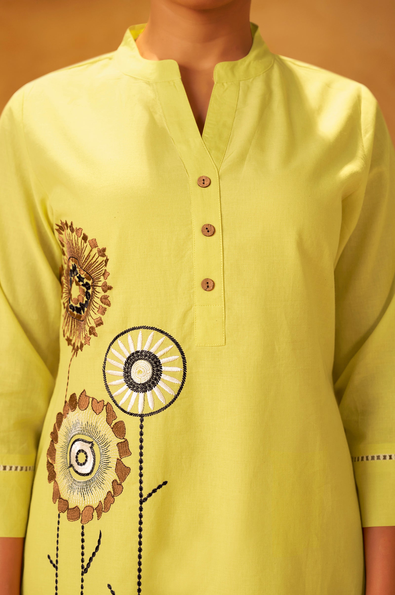Women Lemon Yellow Pure Cotton Embroidered Straight Kurta Co-Ord Set