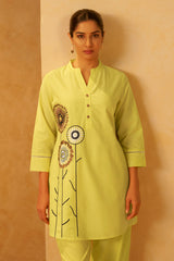 Women Lemon Yellow Pure Cotton Embroidered Straight Kurta Co-Ord Set