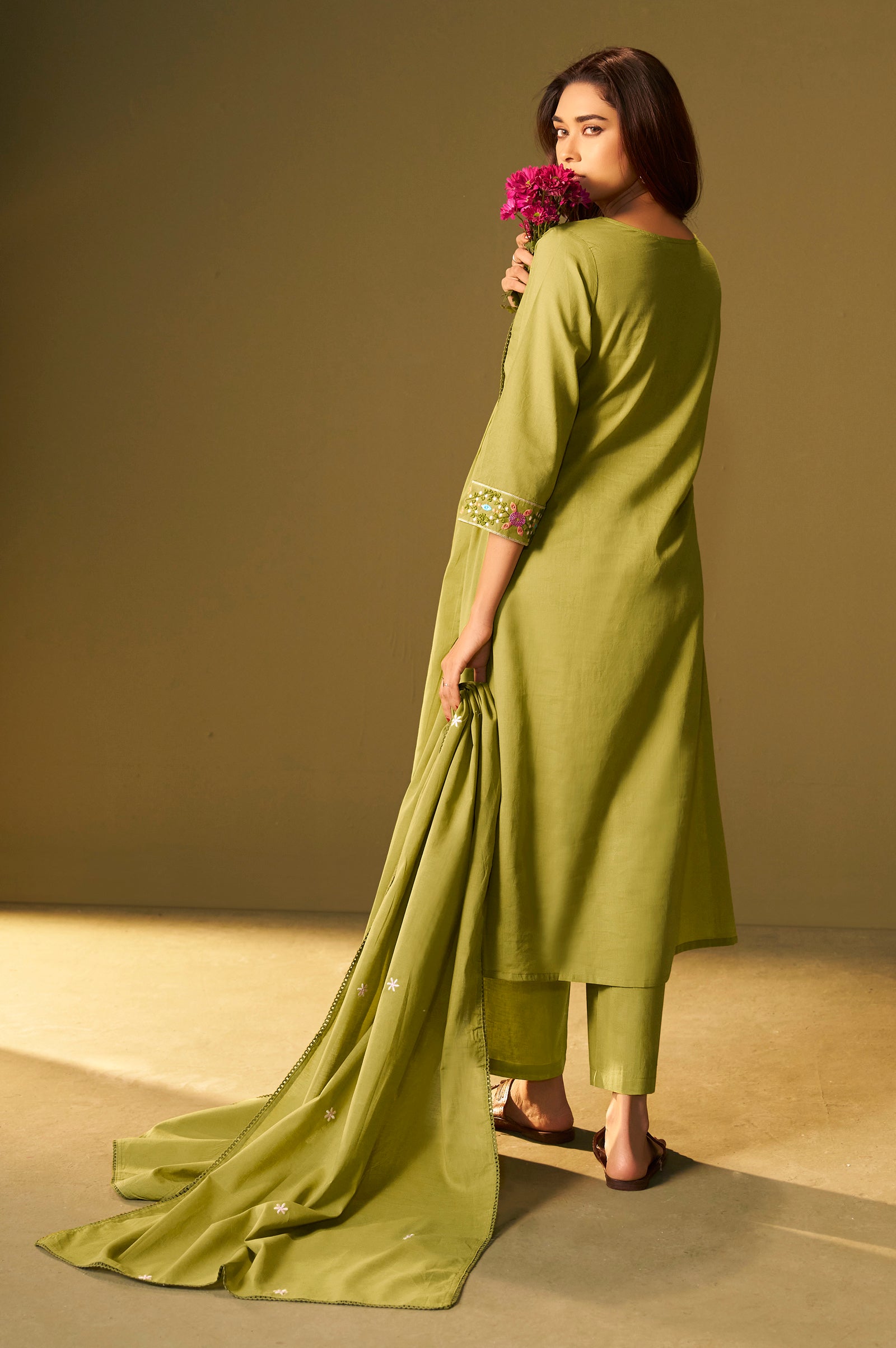 Vibrant Olive Green Embroidered Anarkali Set with Dupatta