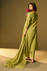 Vibrant Olive Green Embroidered Anarkali Set with Dupatta