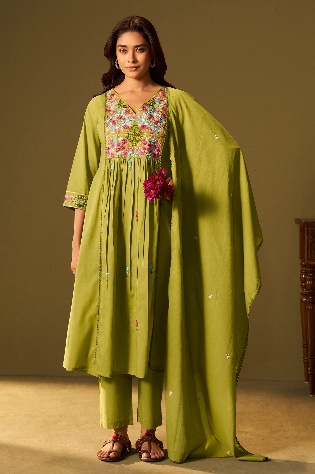 Vibrant Olive Green Embroidered Anarkali Set with Dupatta