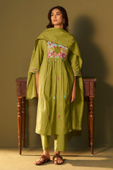 Vibrant Olive Green Embroidered Anarkali Set with Dupatta