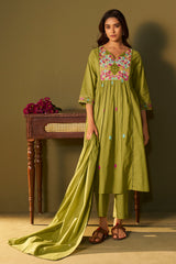 Vibrant Olive Green Embroidered Anarkali Set with Dupatta