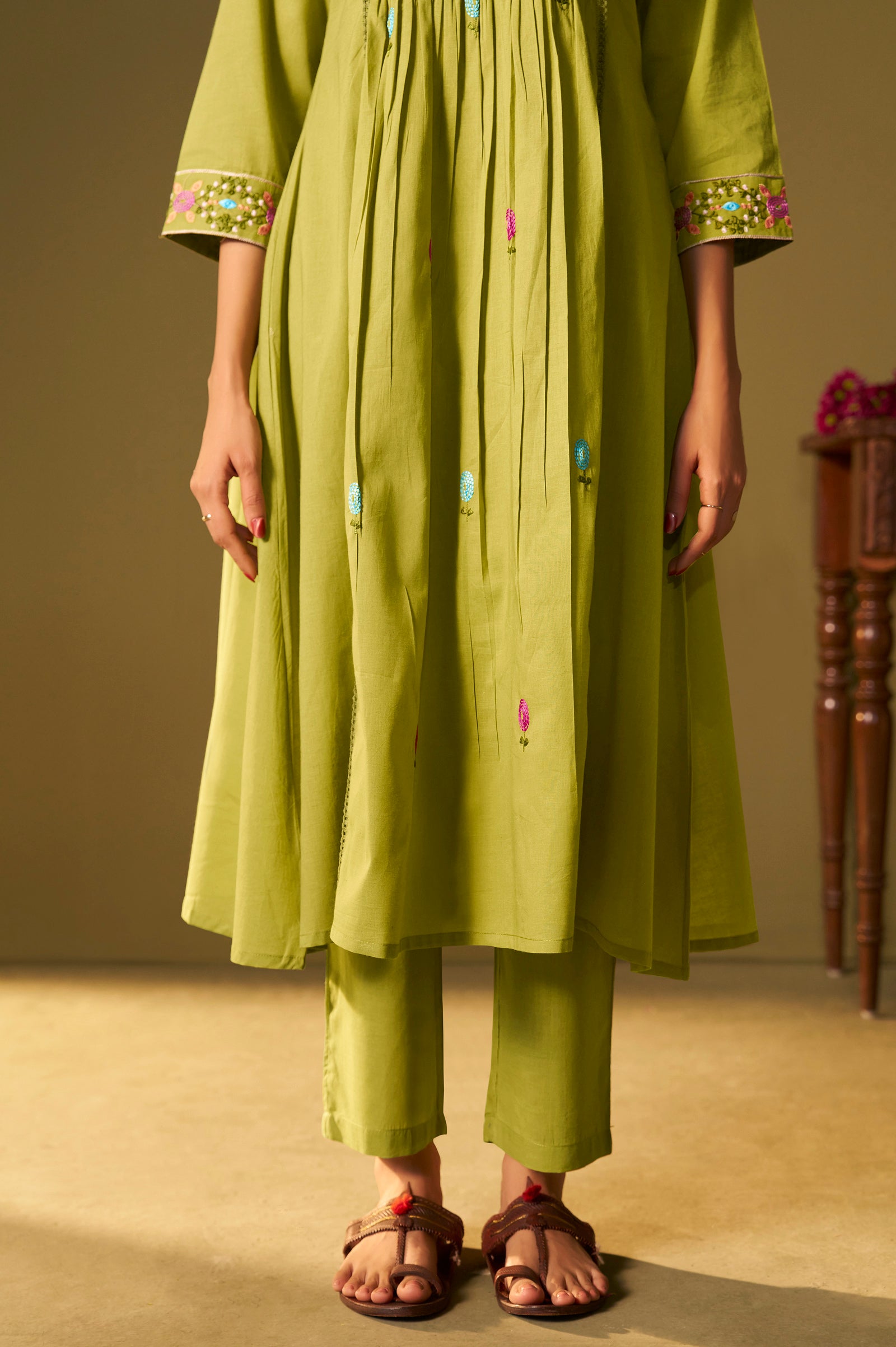 Vibrant Olive Green Embroidered Anarkali Set with Dupatta