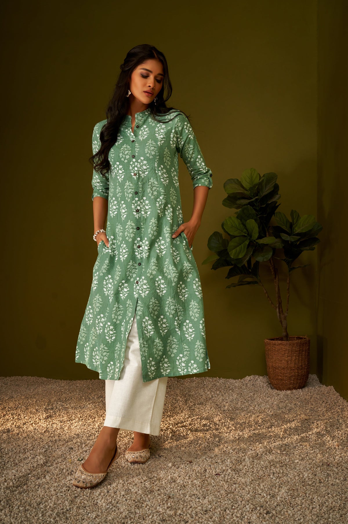 Olive Heritage Ethnic Motif Cotton Kurta