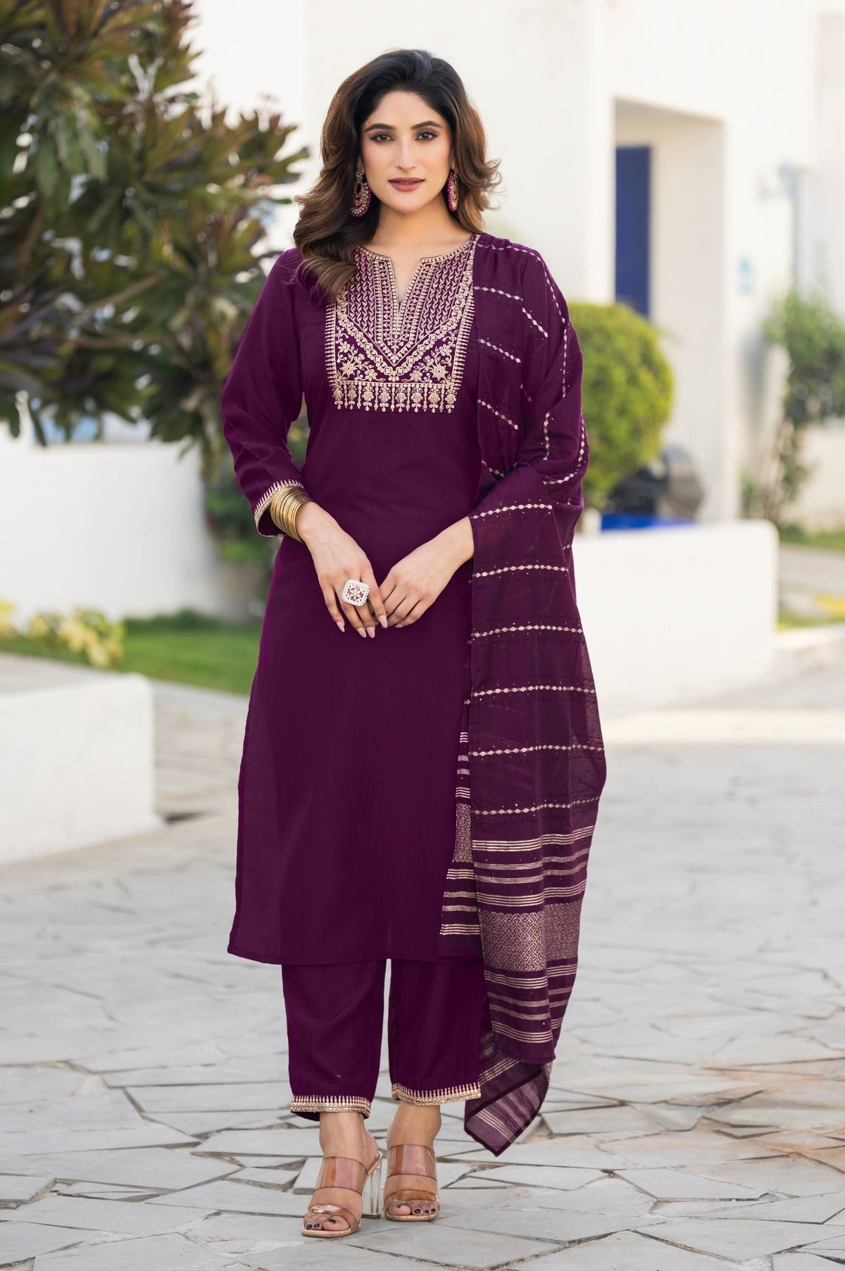 Wine Royale Embroidered Kurta Set