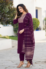 Wine Royale Embroidered Kurta Set