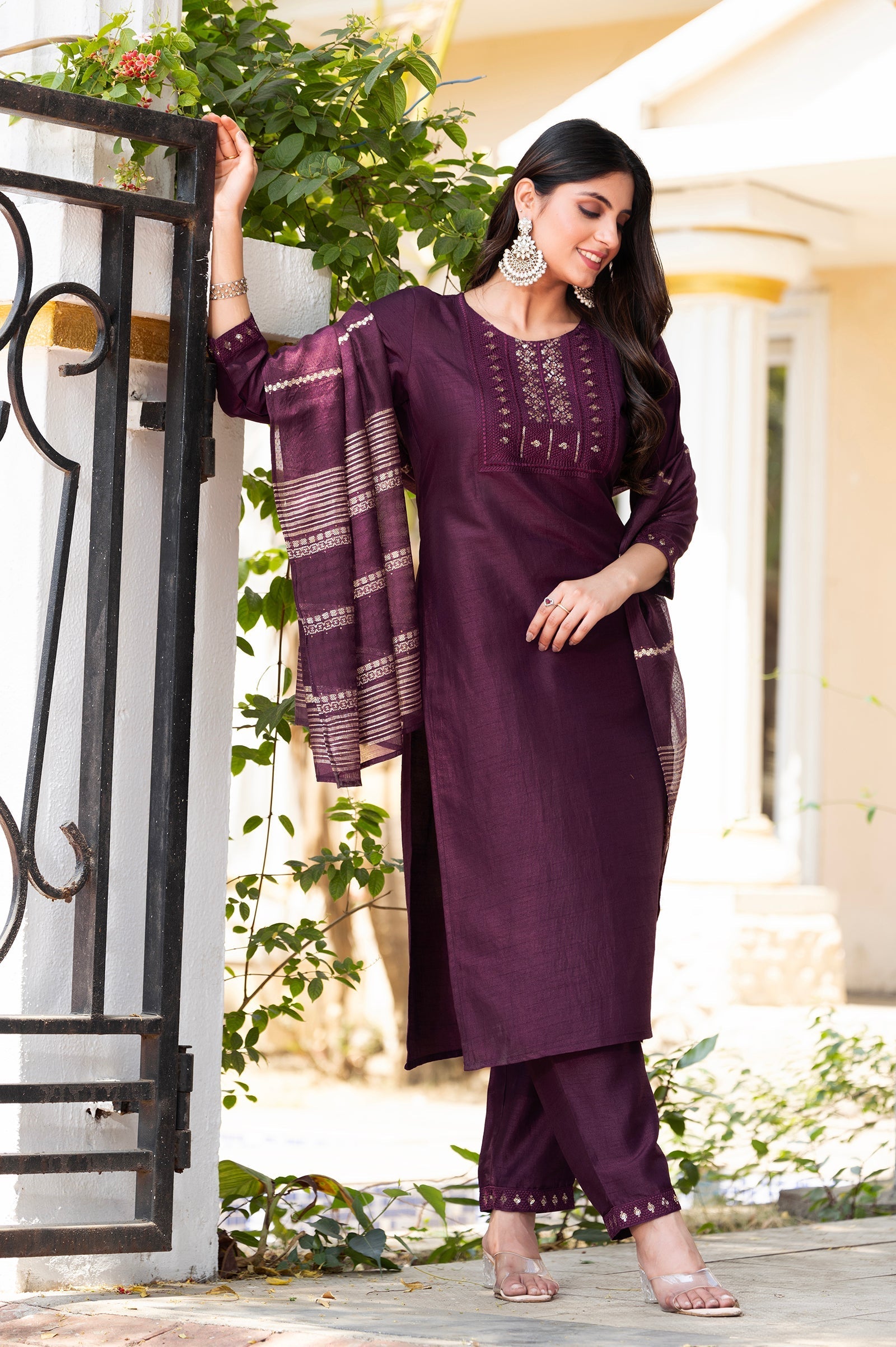 Wine Royale Silk Jacquard Kurta Set