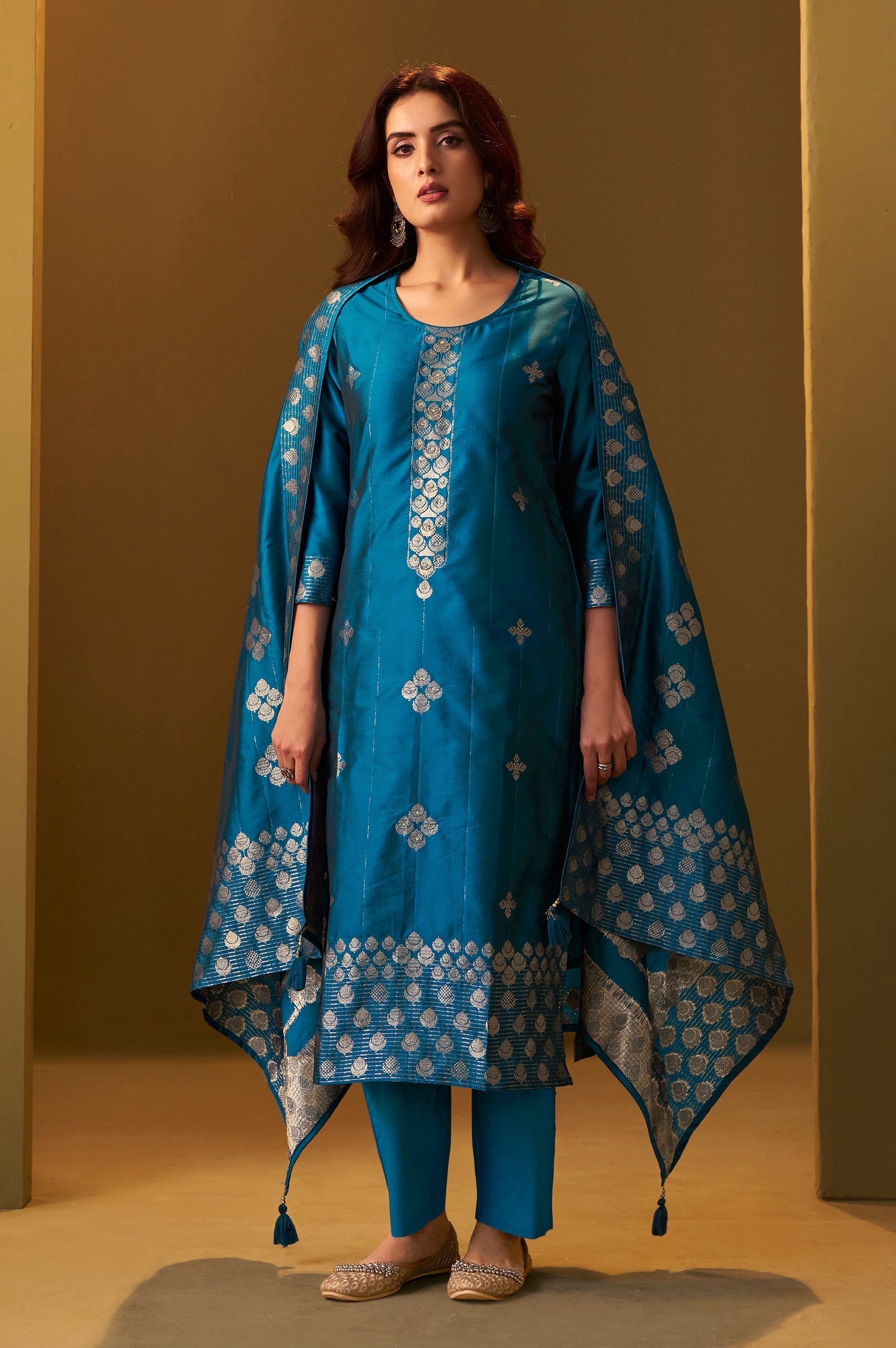 Turquoise Royale Jacquard Kurta Set