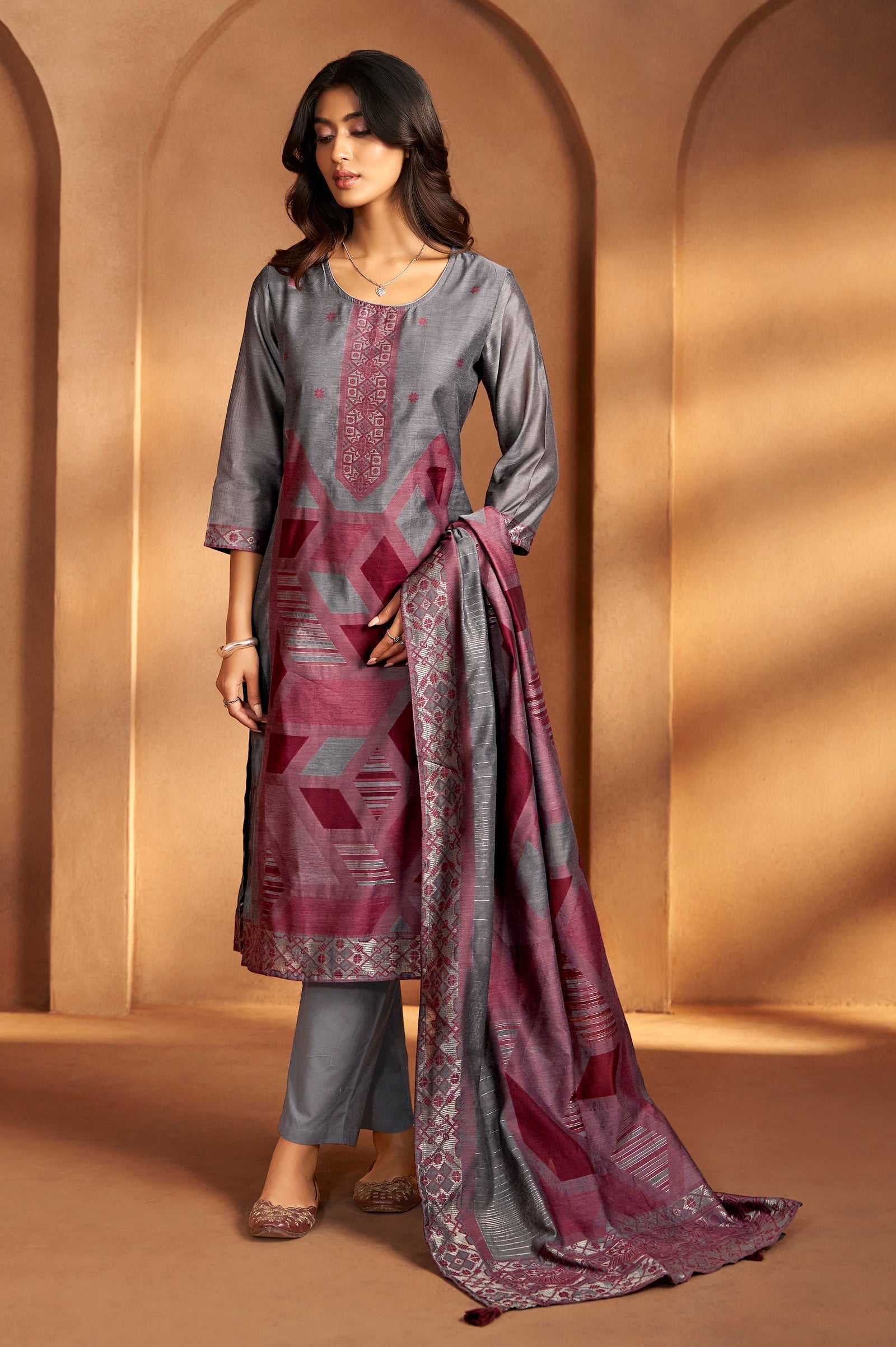 Vintage Wine Jacquard Kurta Set