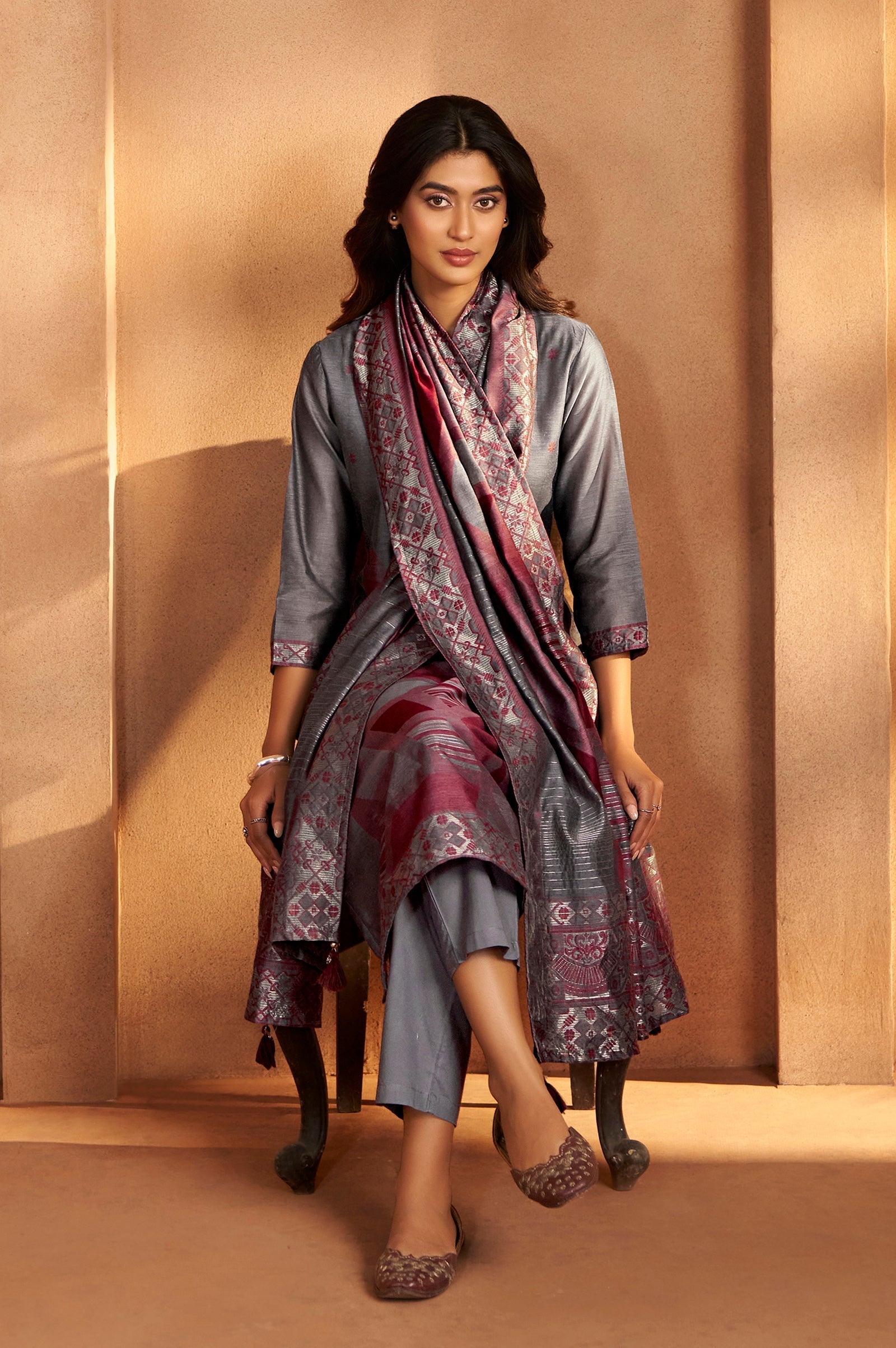 Vintage Wine Jacquard Kurta Set