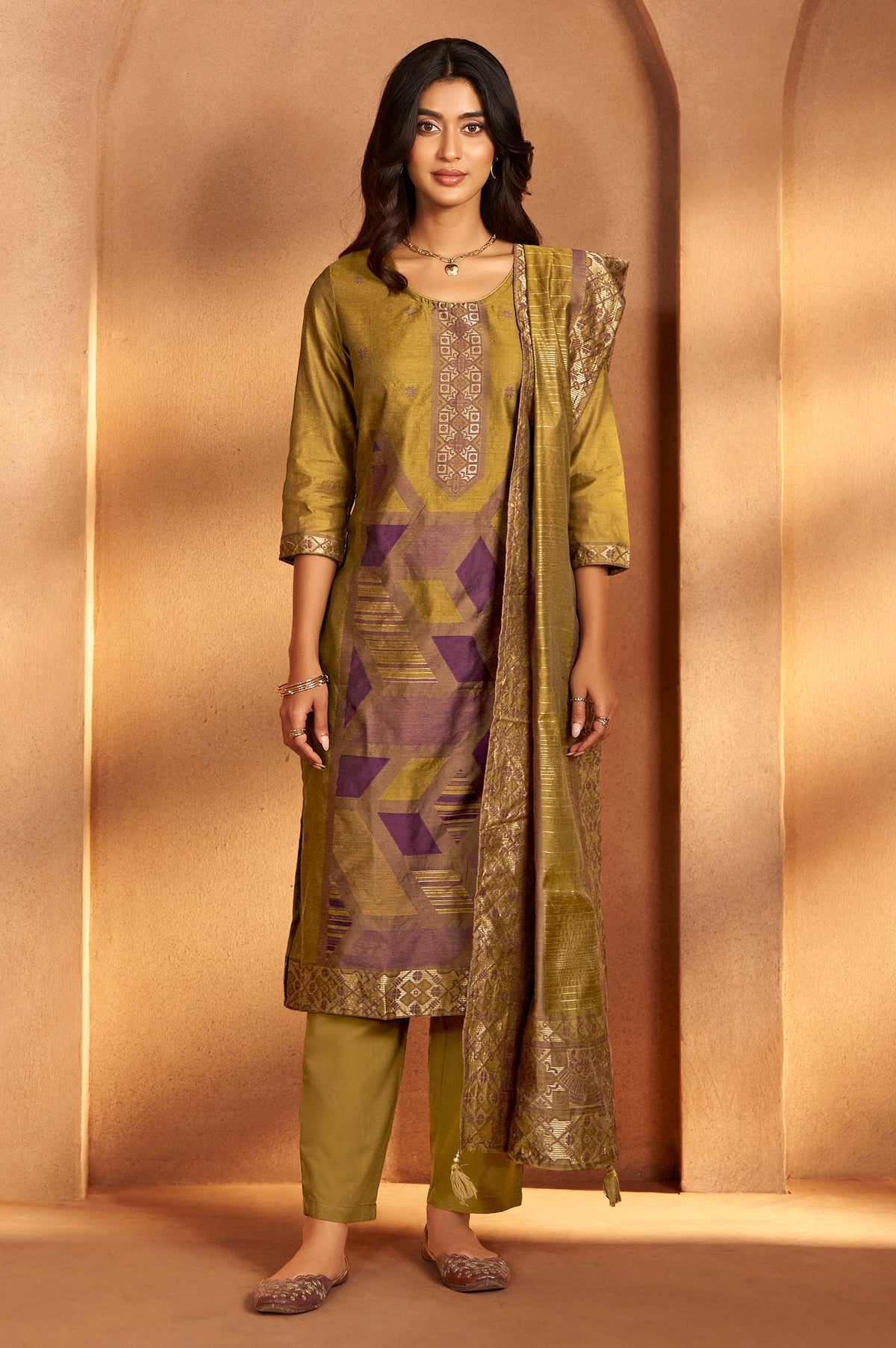 Golden Mustard Jacquard Kurta Set