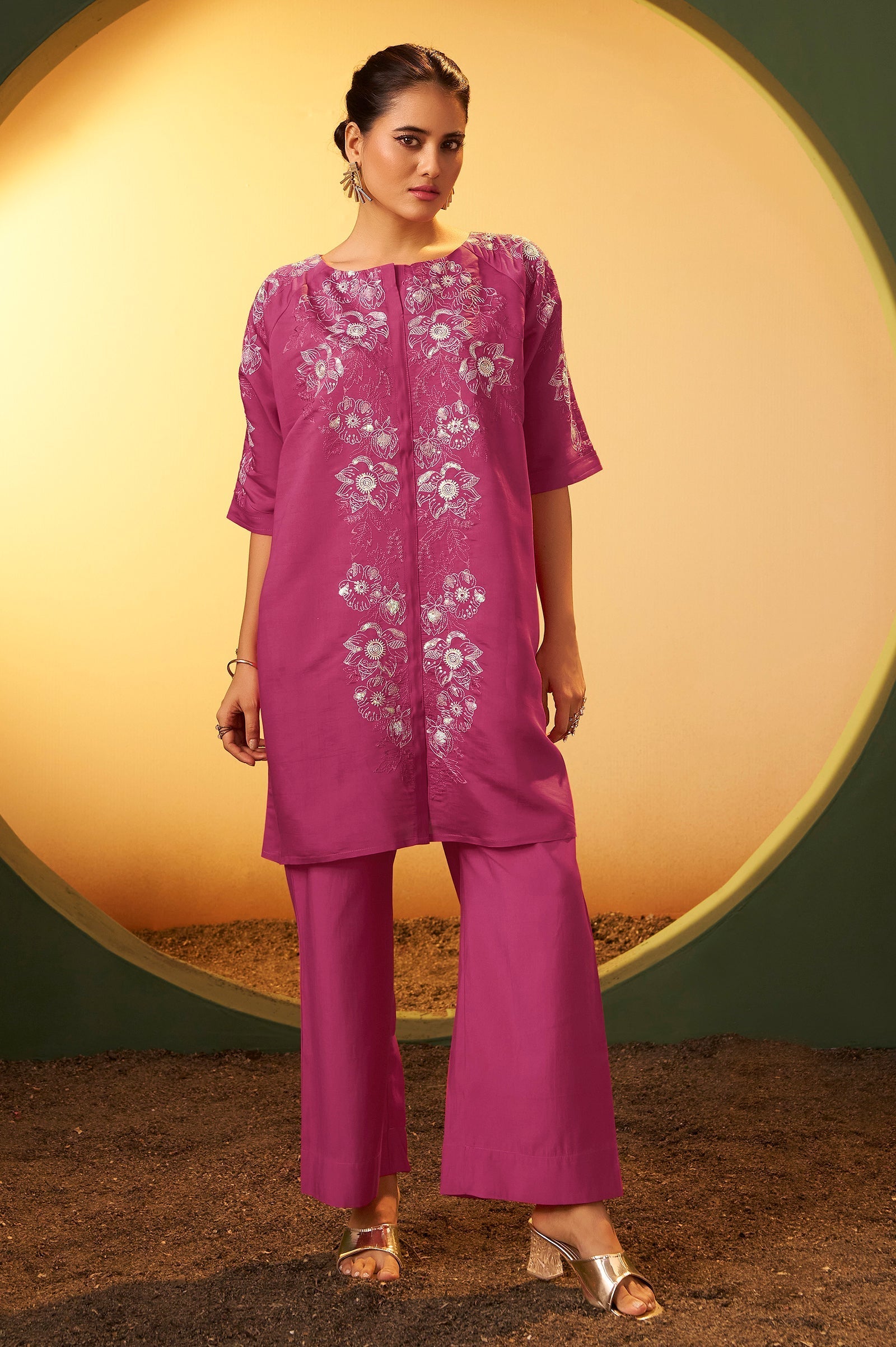 Blush Pearl Embroidered Roman Silk Co-Ord Set