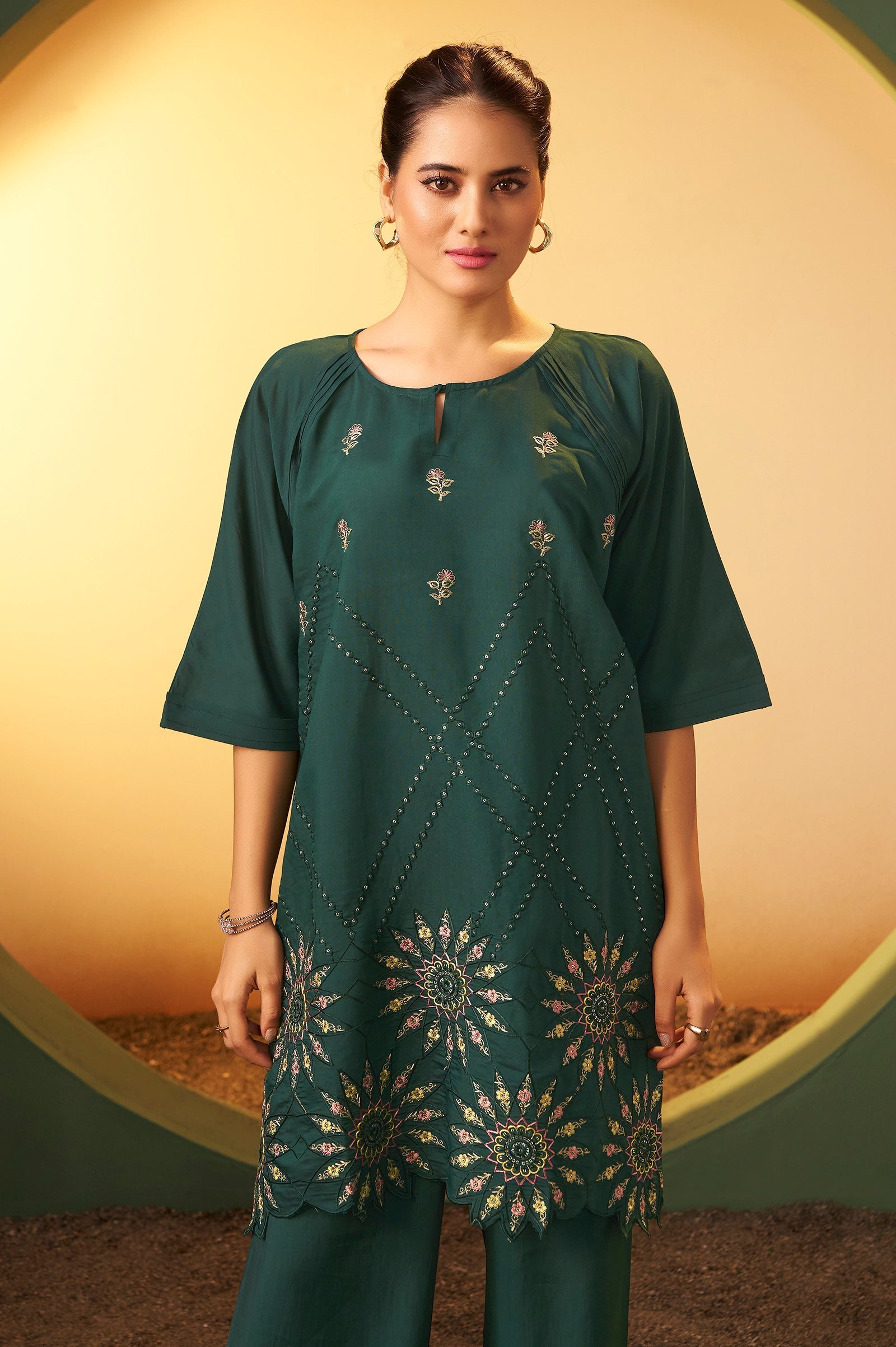 Emerald Bloom Embroidered Roman Silk Co-Ord Set