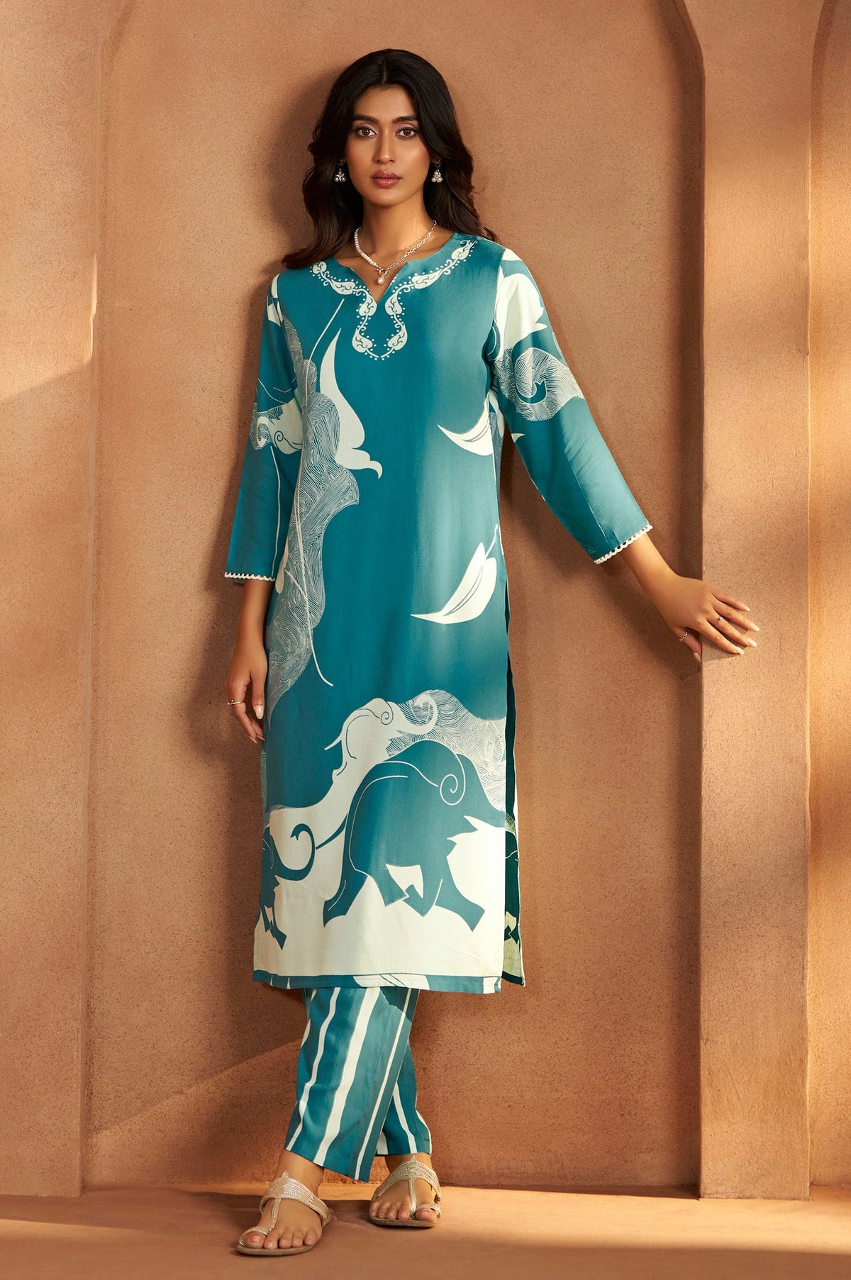 Turquoise Bloom Printed Rayon Kurta Set