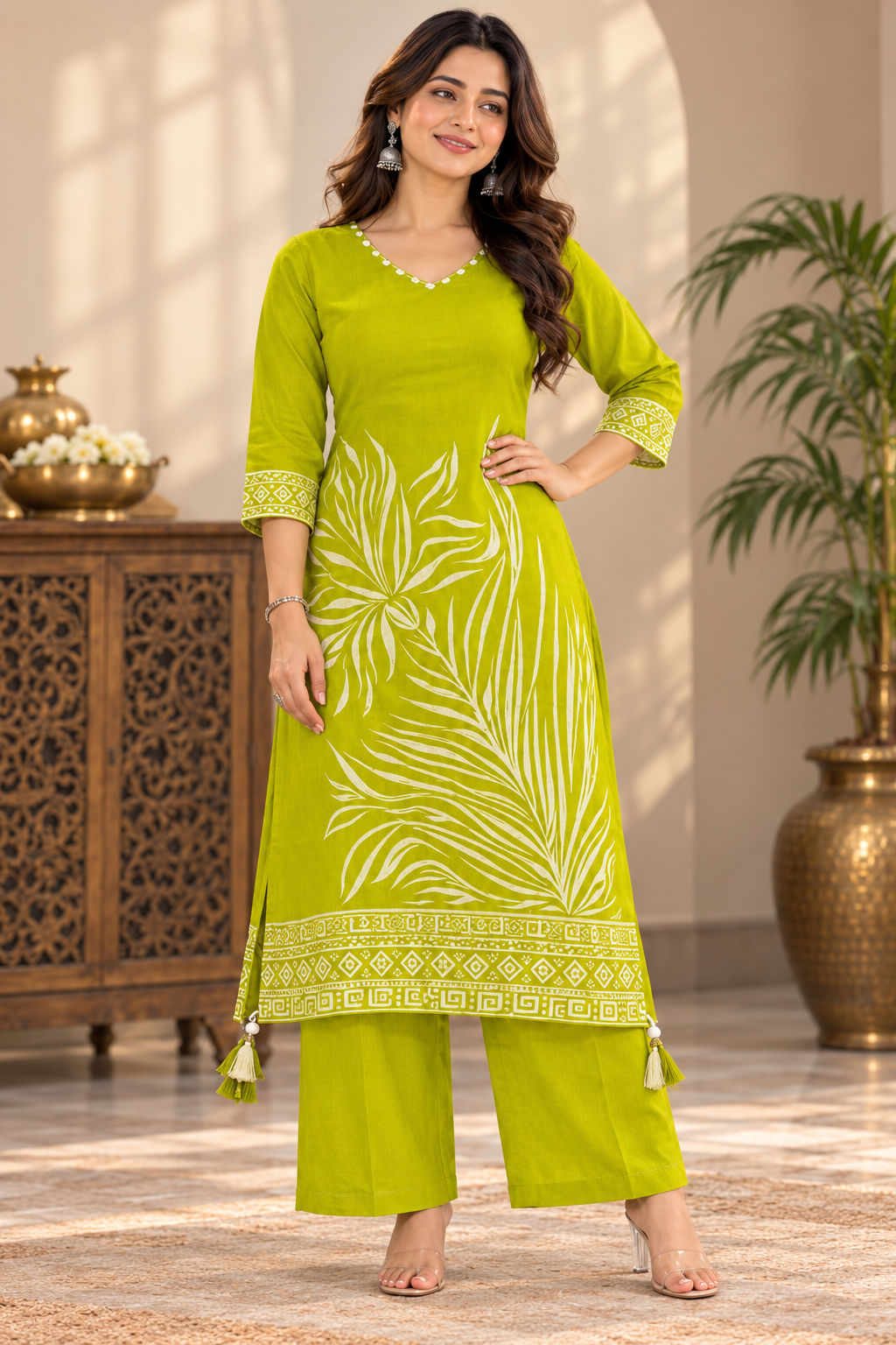 Premium Pure Viscose Rassian fabric Floral Printed Kurta Set with Intricate V-Neck Handwork | Lemon Green