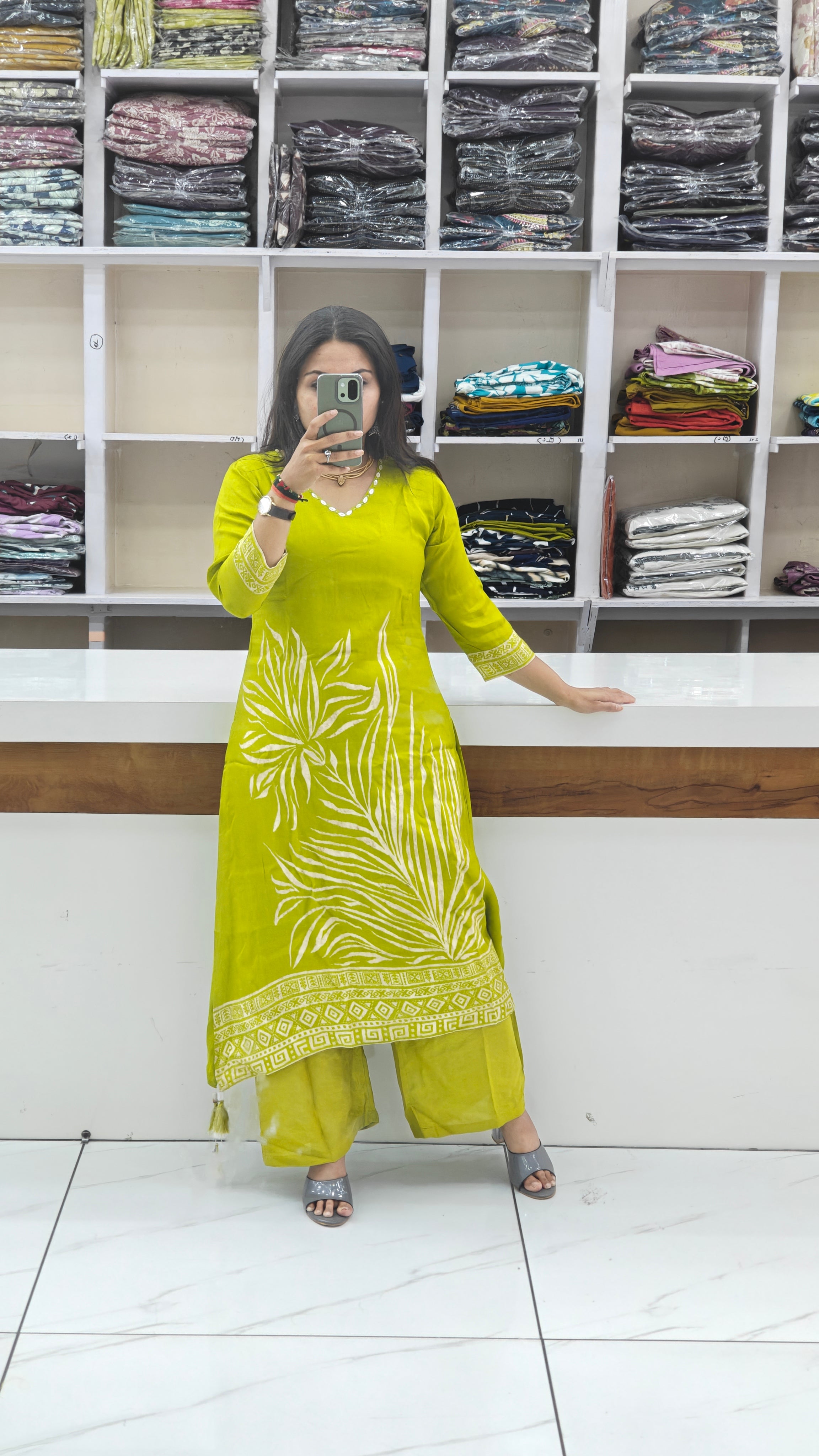 Premium Pure Viscose Rassian fabric Floral Printed Kurta Set with Intricate V-Neck Handwork | Lemon Green