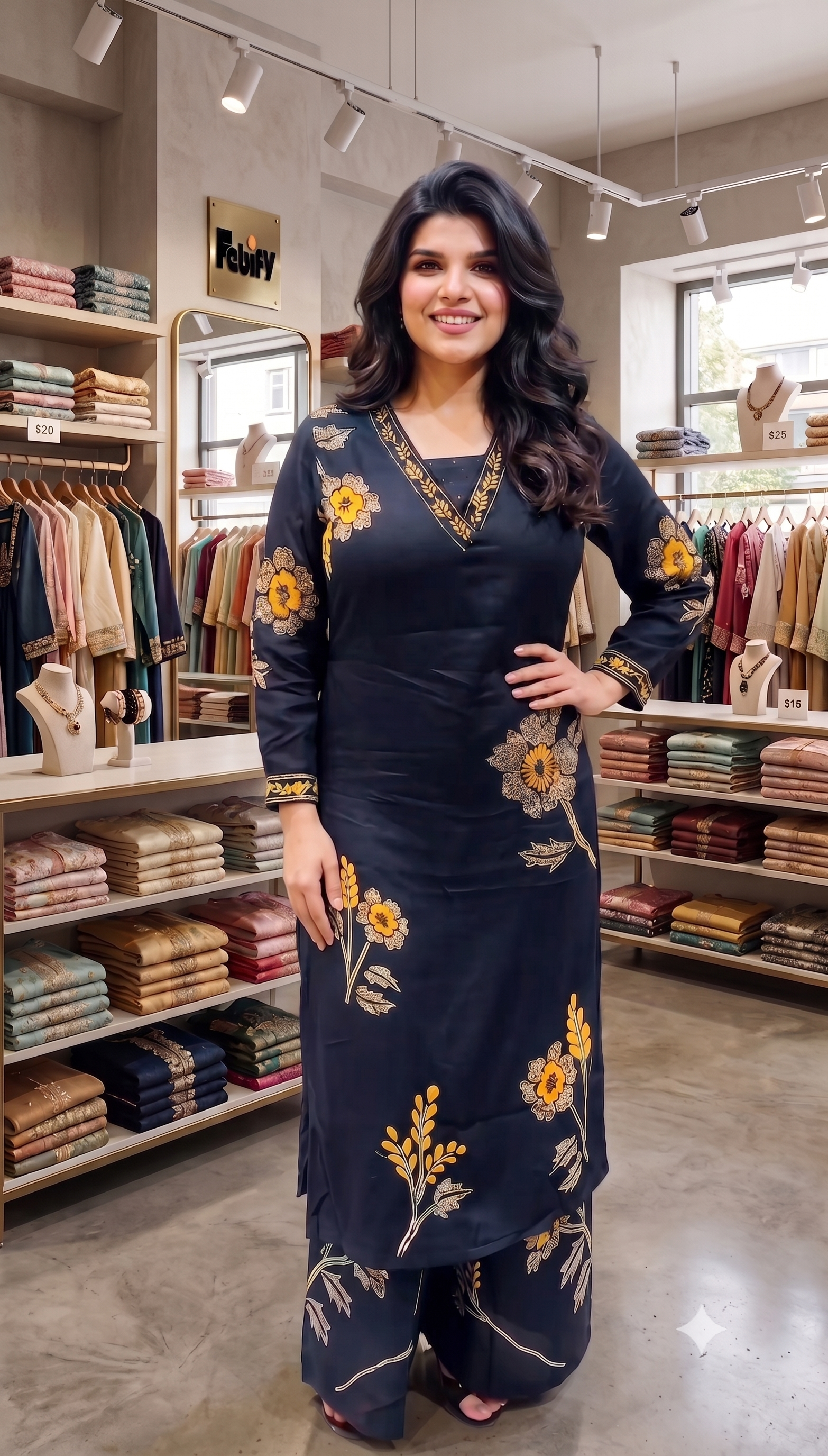 Elegant Black Pure Rayon Floral Kurta Set with Matching Palazzo | V-Neck Ethnic Wear for Women
