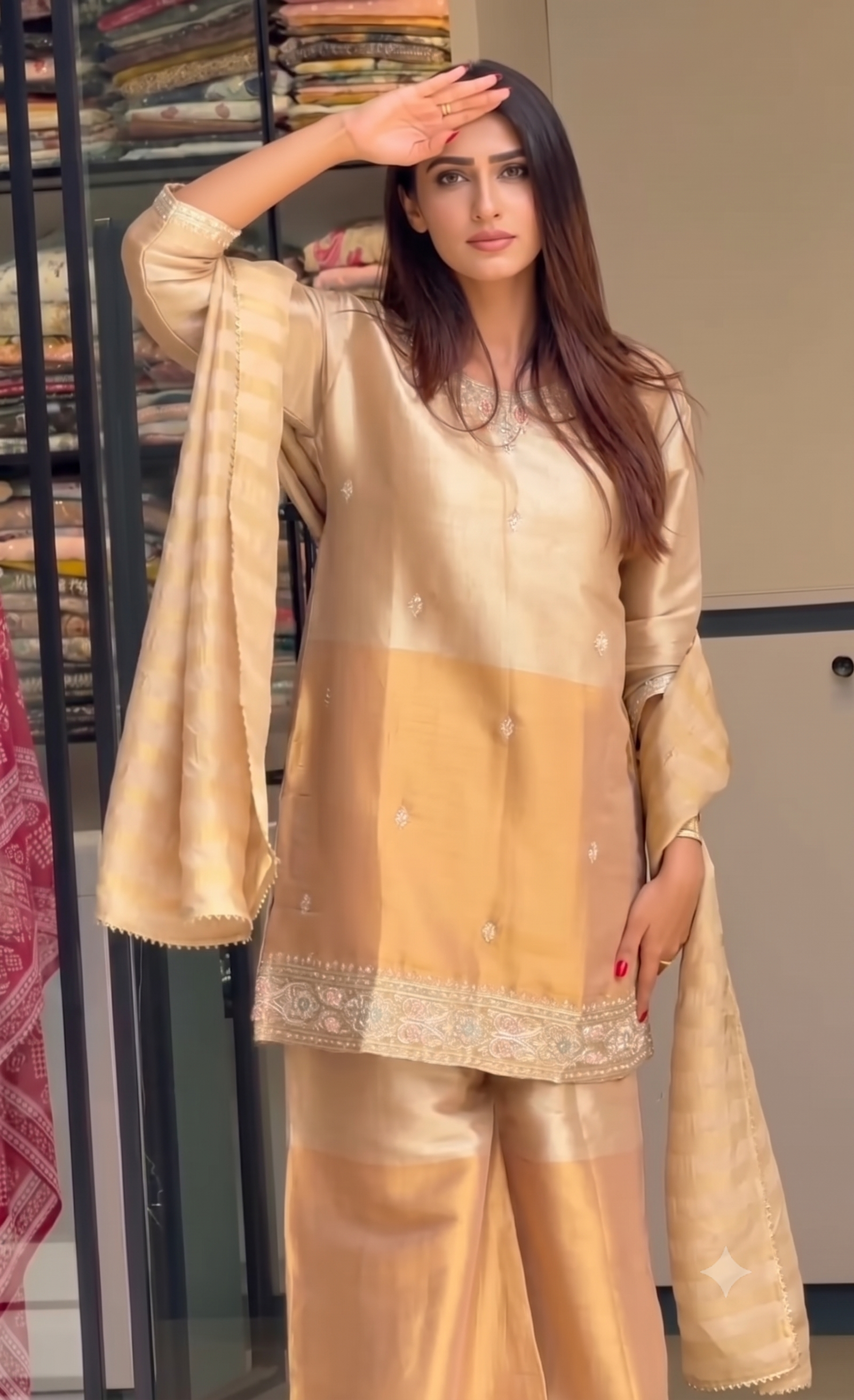 Women's Festive Golden Shimmer 3-Piece Suit Set | Party Wear Ethnic Co-ord