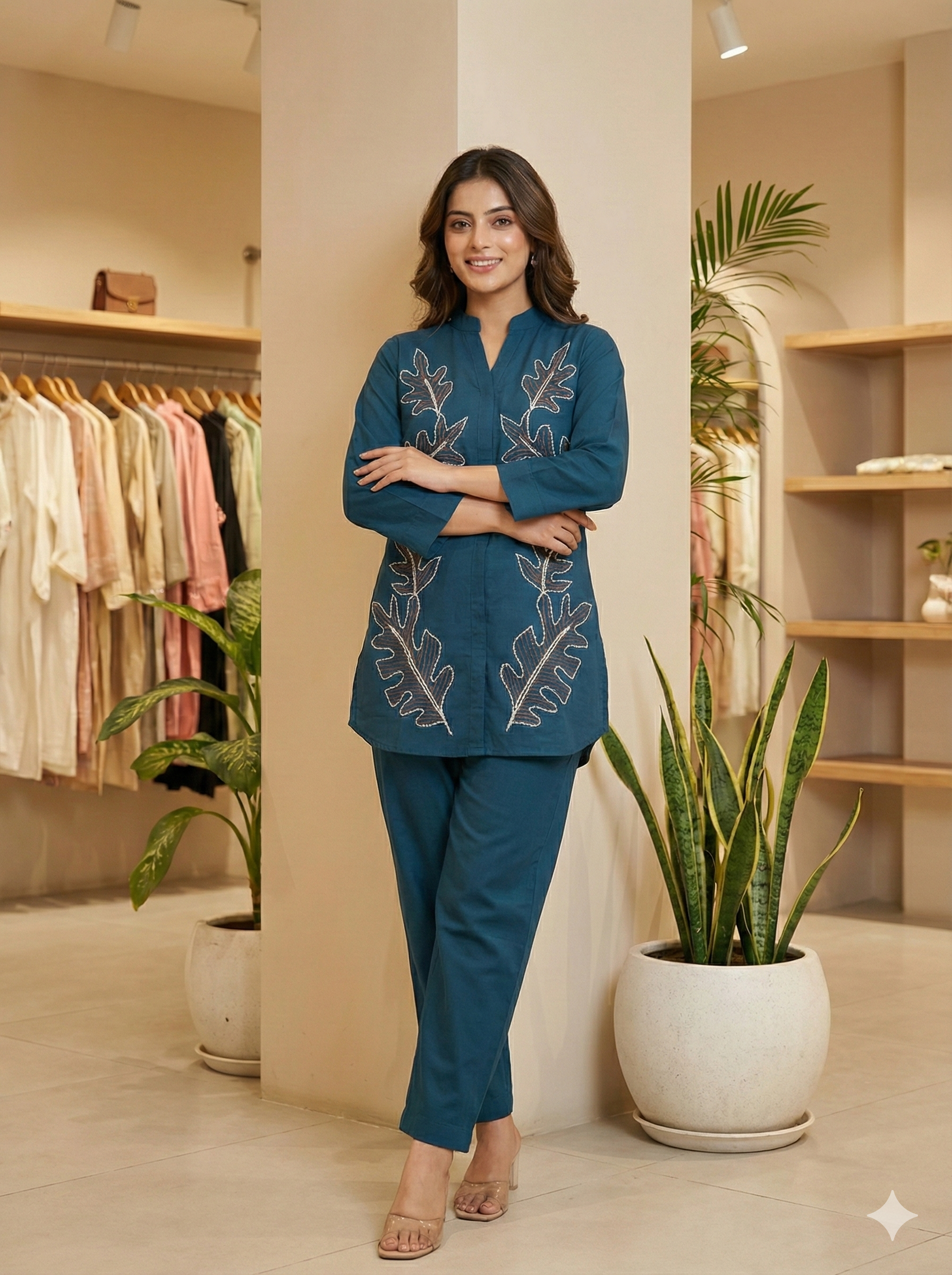 Women’s Stylish Teal Blue Leaf handwork Co-ord Set