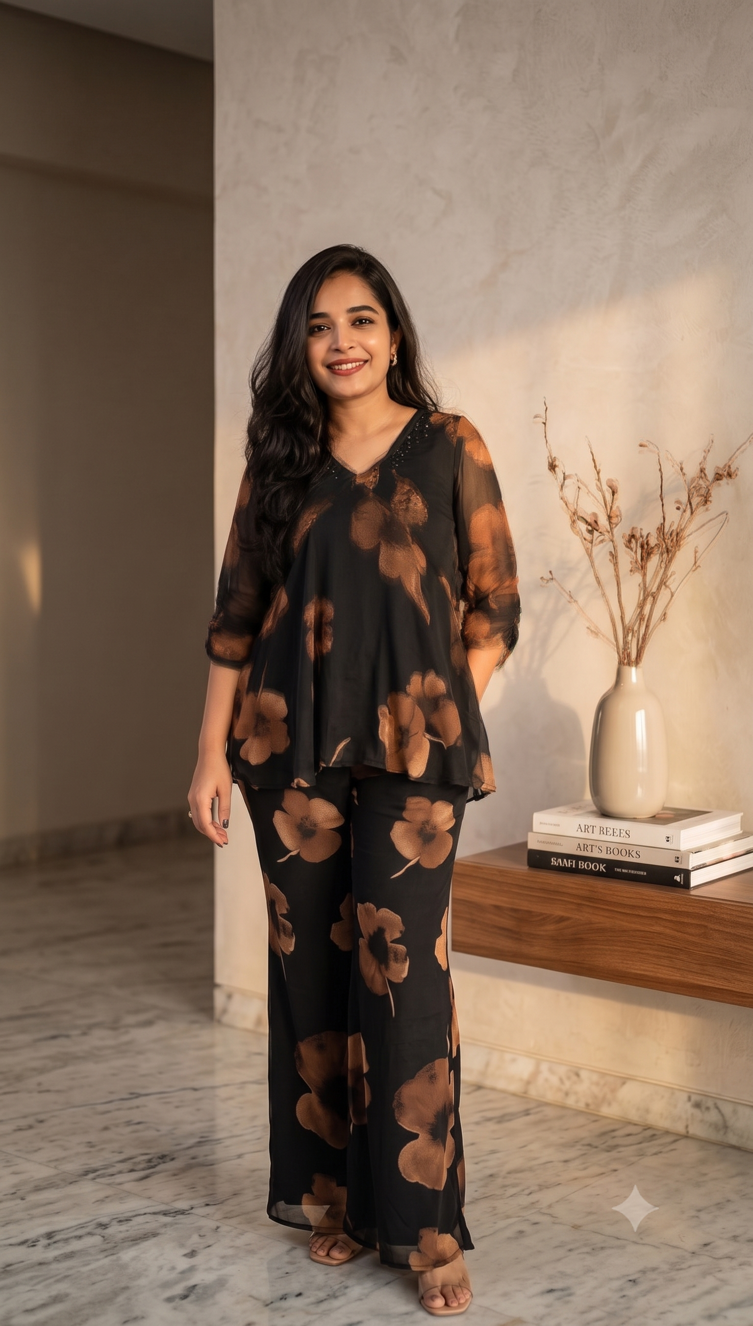 Elegant Floral Print Georgette Co-ord Set for Women - Black & Brown