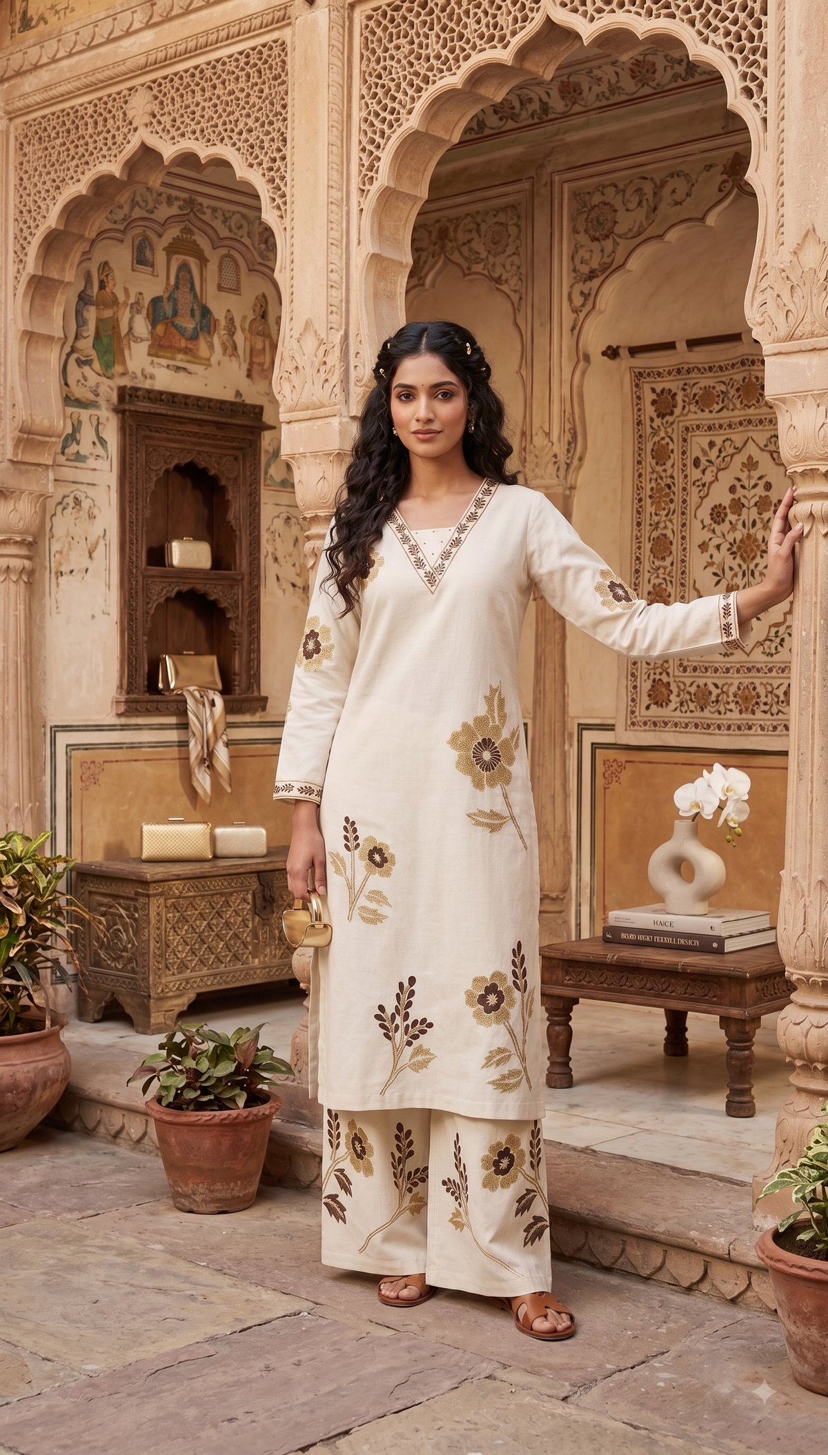 Elegant Off-white Pure Rayon cotton Floral Kurta Set with Matching Palazzo | V-Neck Ethnic Wear for Women