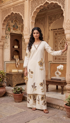 Elegant Off-white Pure Rayon cotton Floral Kurta Set with Matching Palazzo | V-Neck Ethnic Wear for Women
