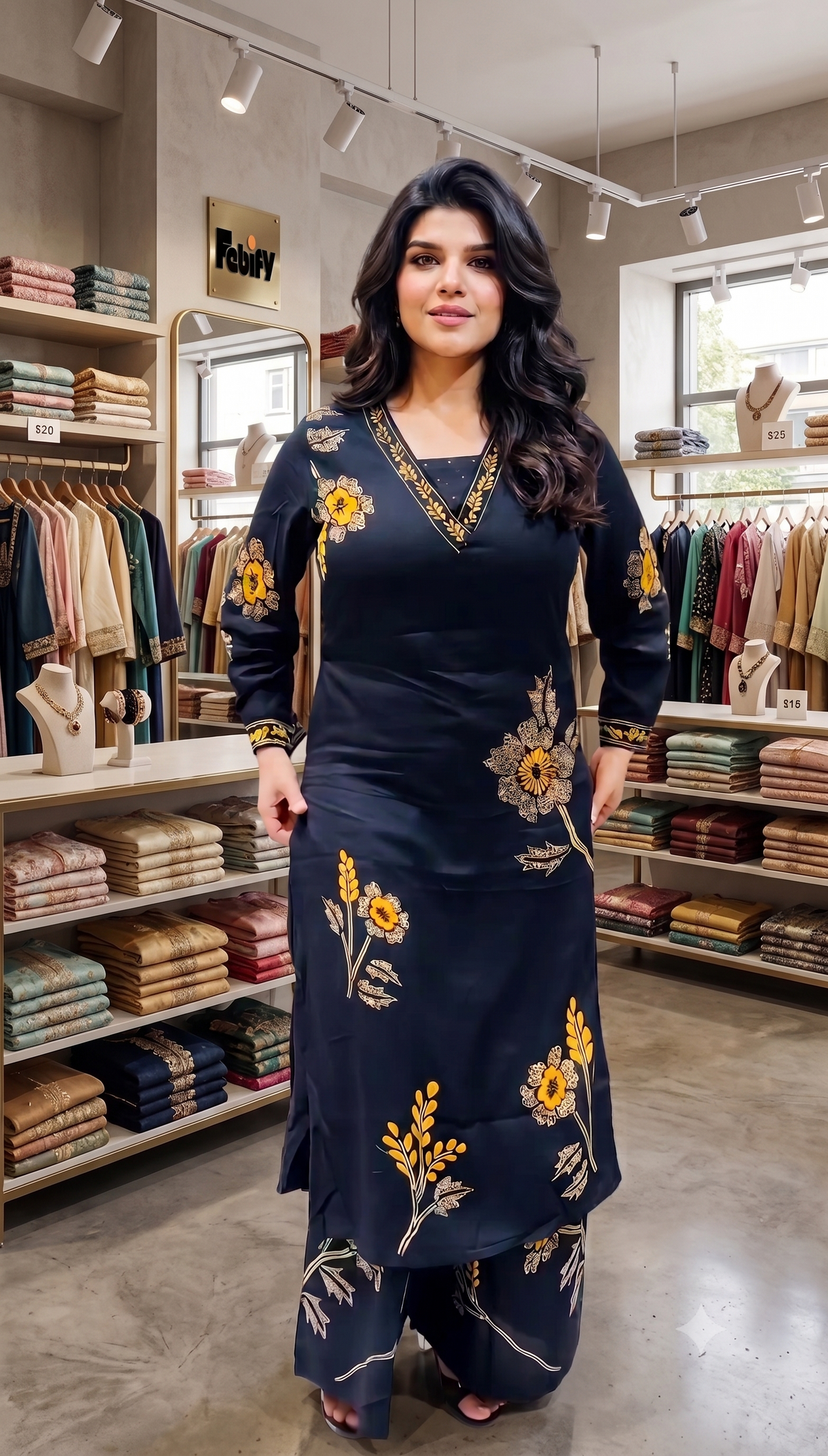 Elegant Black Pure Rayon Floral Kurta Set with Matching Palazzo | V-Neck Ethnic Wear for Women