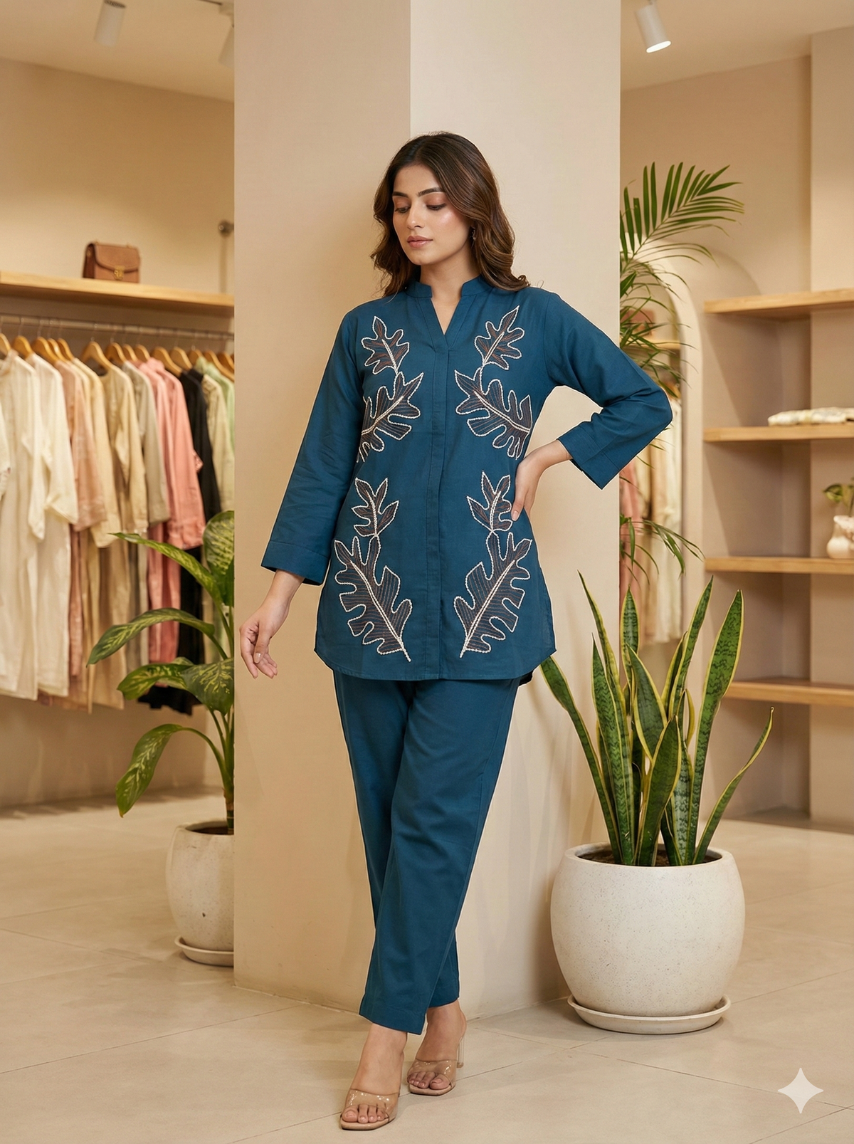 Women’s Stylish Teal Blue Leaf handwork Co-ord Set