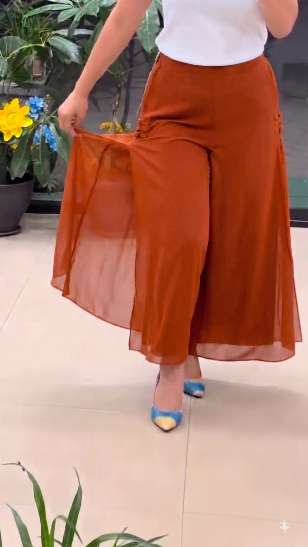 Women's Rust Georgette Split Wide-Leg Palazzo Pants | High-Waist Fusion Trousers