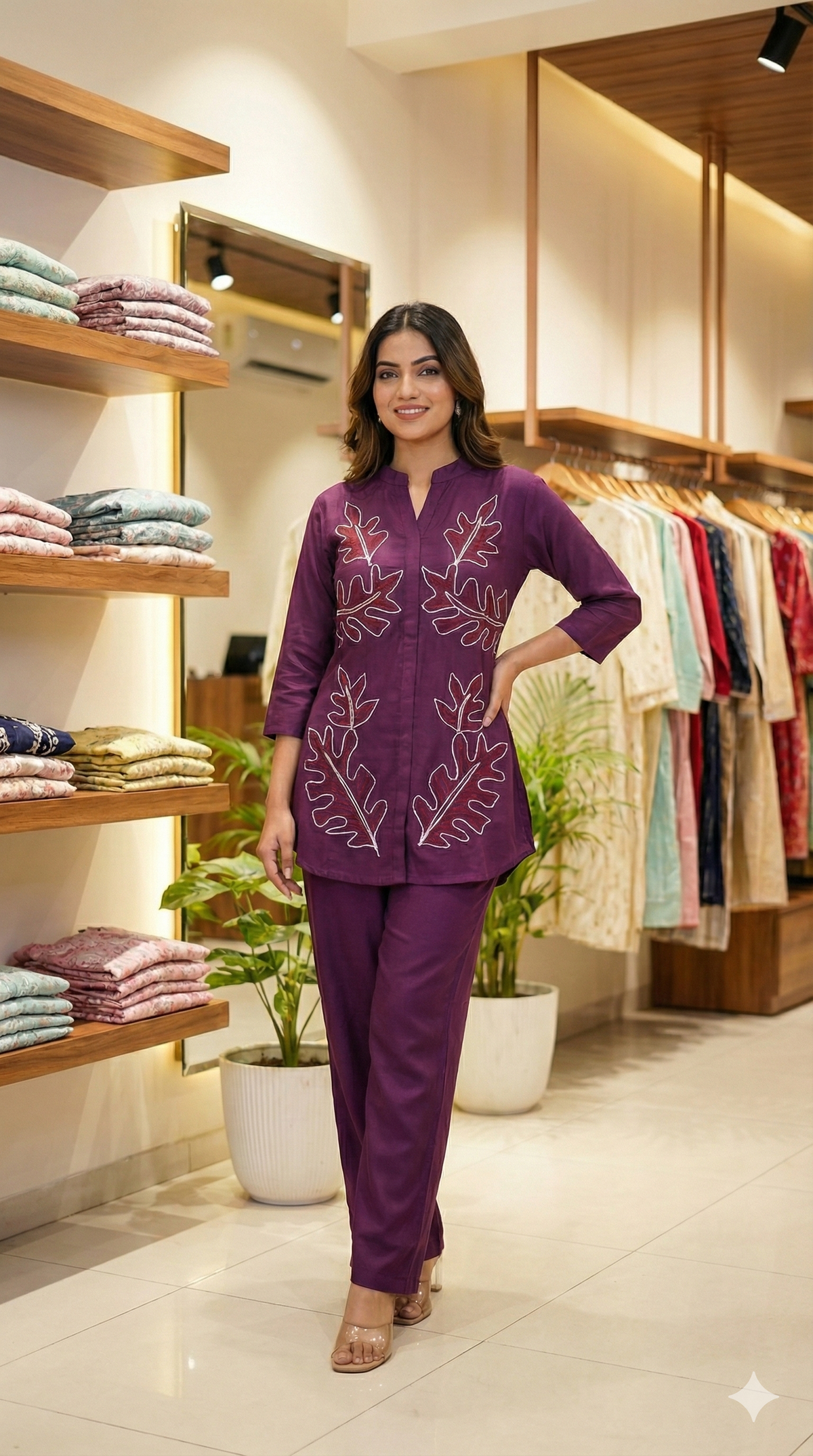 Plum Leaf Embroidered Cord Set