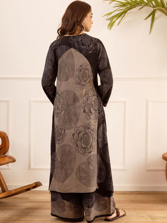 Elegant Black & Grey Floral Print Ethnic Kurti Set – Premium Comfort Wear
