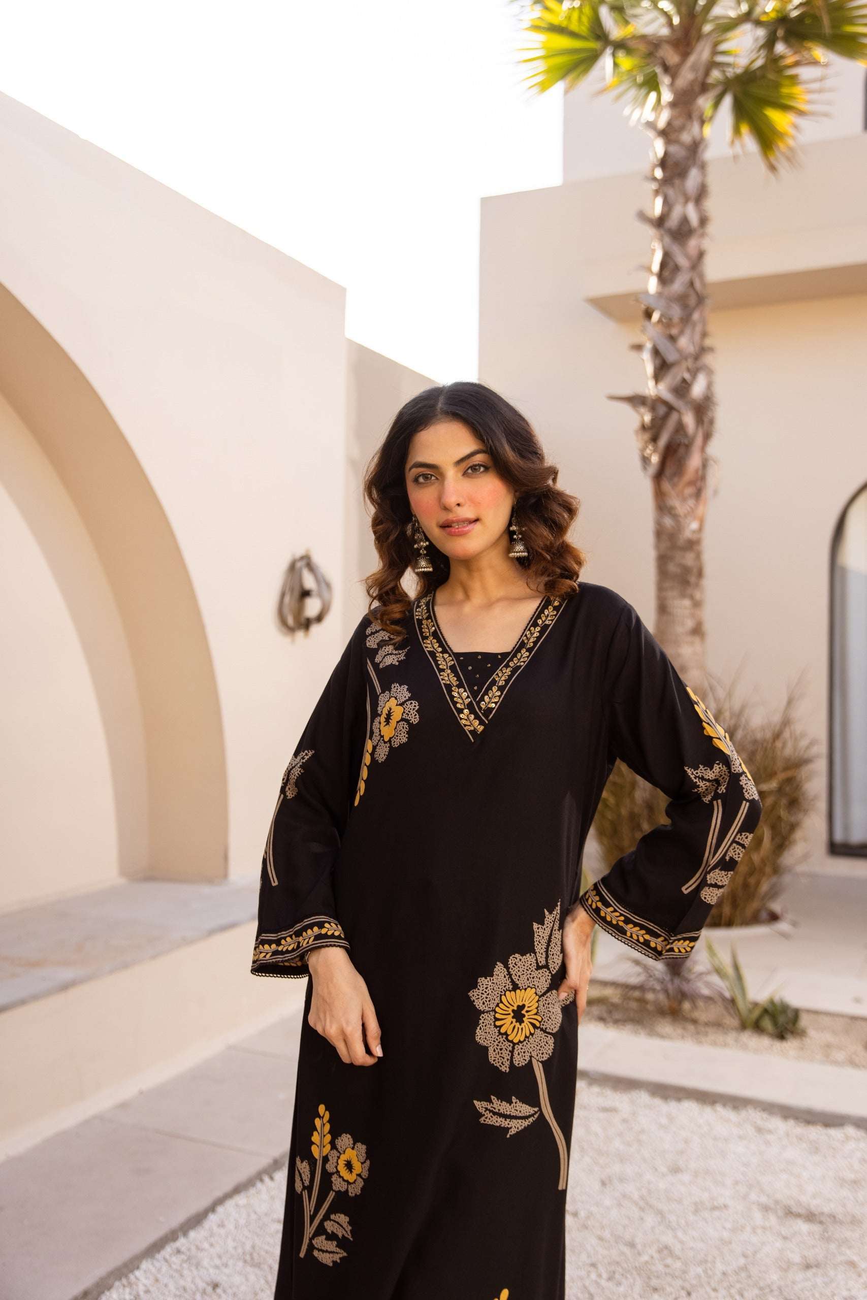 Elegant Black Pure Rayon Floral Kurta Set with Matching Palazzo | V-Neck Ethnic Wear for Women