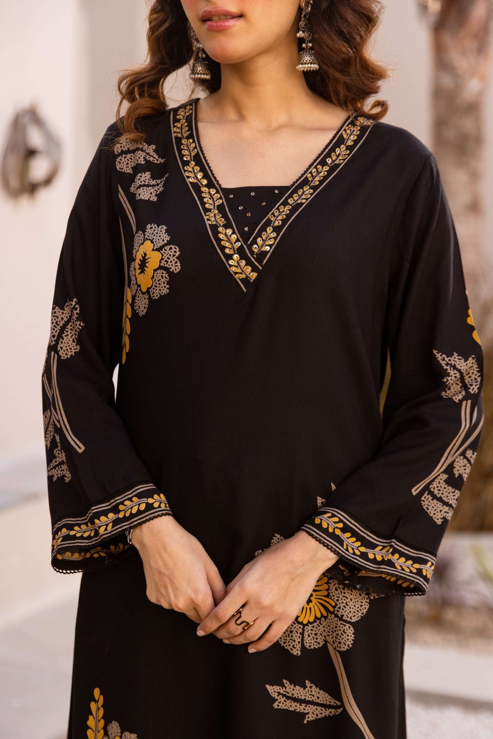 Elegant Black Pure Rayon Floral Kurta Set with Matching Palazzo | V-Neck Ethnic Wear for Women