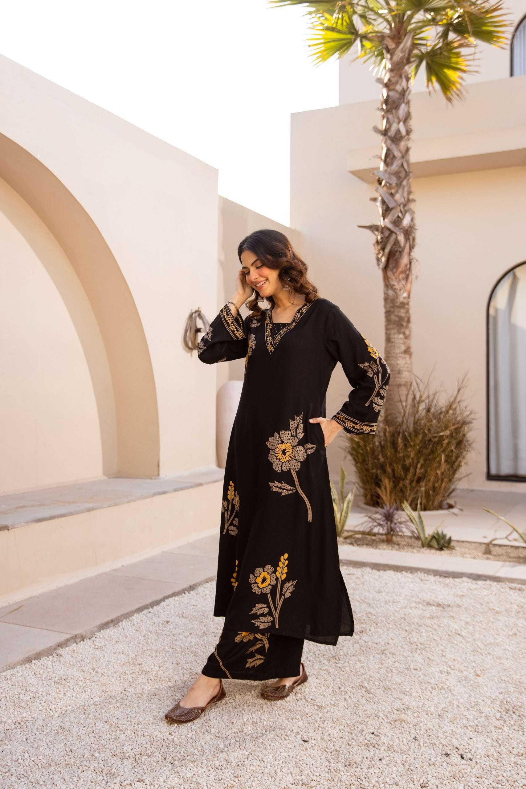 Elegant Black Pure Rayon Floral Kurta Set with Matching Palazzo | V-Neck Ethnic Wear for Women