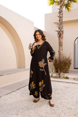 Elegant Black Pure Rayon Floral Kurta Set with Matching Palazzo | V-Neck Ethnic Wear for Women