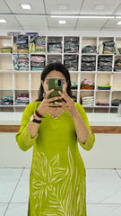 Premium Pure Viscose Rassian fabric Floral Printed Kurta Set with Intricate V-Neck Handwork | Lemon Green