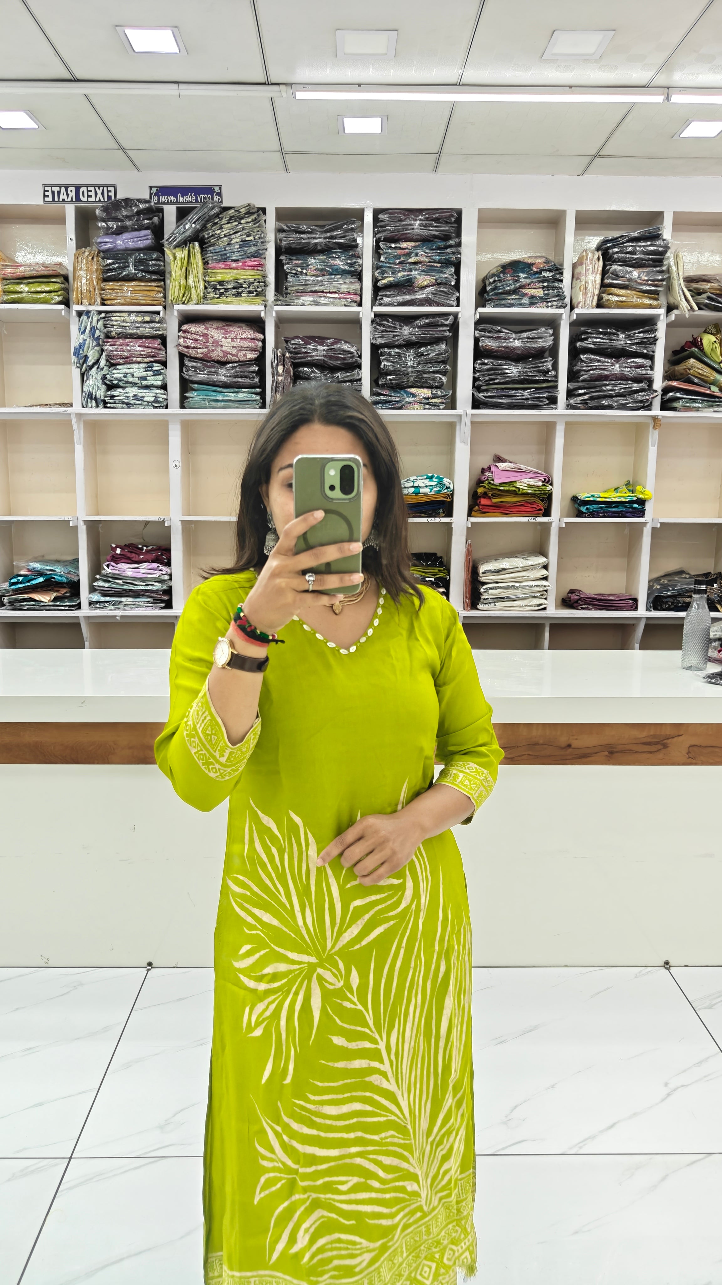 Premium Pure Viscose Rassian fabric Floral Printed Kurta Set with Intricate V-Neck Handwork | Lemon Green