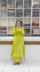 Premium Pure Viscose Rassian fabric Floral Printed Kurta Set with Intricate V-Neck Handwork | Lemon Green