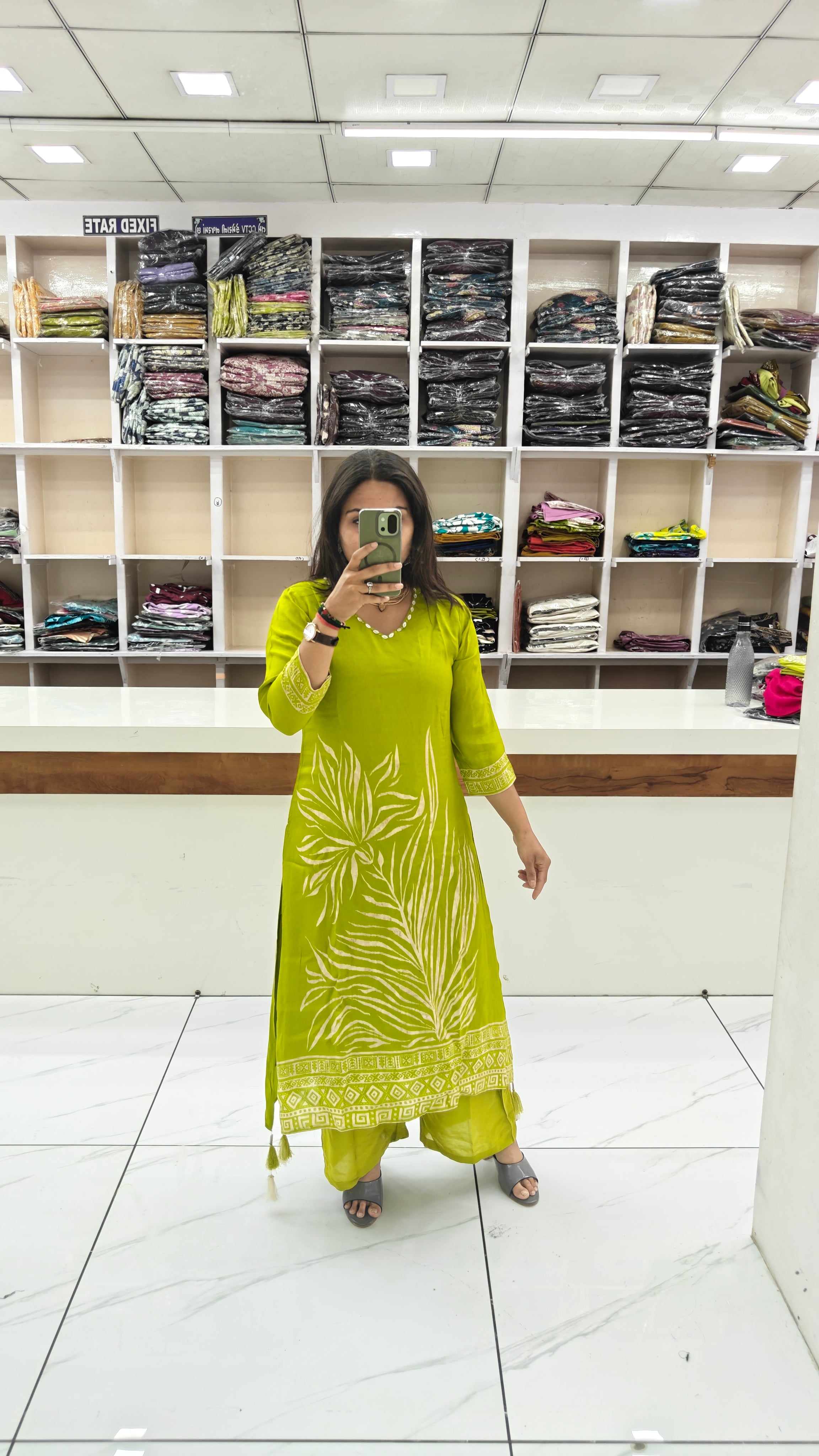 Premium Pure Viscose Rassian fabric Floral Printed Kurta Set with Intricate V-Neck Handwork | Lemon Green