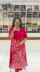 Premium Pure Viscose Rassian fabric Floral Printed Kurta Set with Intricate V-Neck Handwork | Maroon red