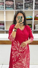 Premium Pure Viscose Rassian fabric Floral Printed Kurta Set with Intricate V-Neck Handwork | Maroon red