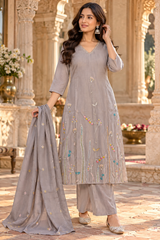 Women’s Mal Chanderi 3 Piece Kurta Set with Pure Handwork & Flock Work